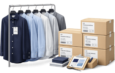 Corporate shirts on a rack, delivery boxes, and fabric swatches