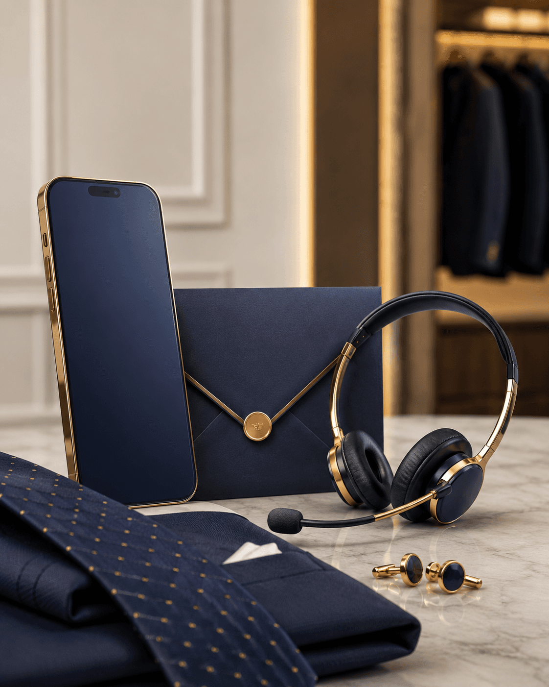 Formal menswear accessories including a leather pouch, headphones, and cufflinks