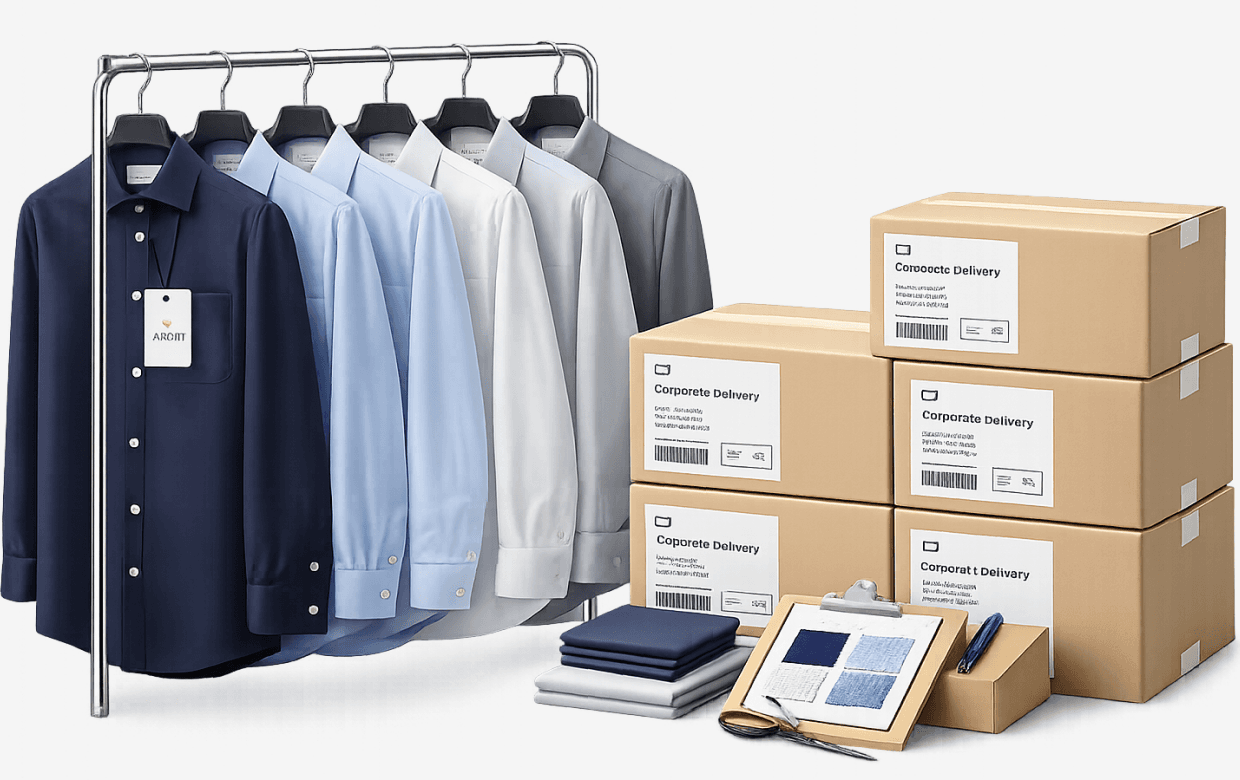 Corporate shirts on a rack, delivery boxes, and fabric swatches